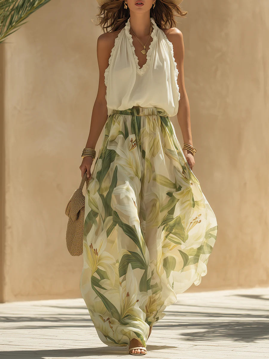 Alexandra | Ruffle Top & Lily Print Trouser Set