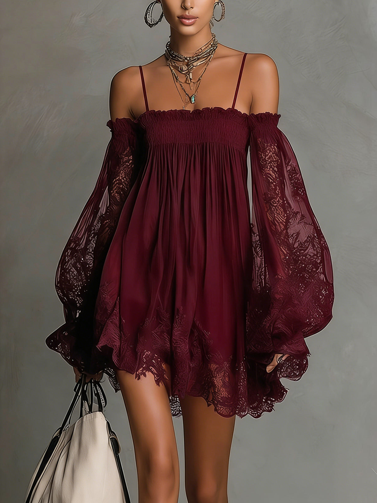 Noemi | Off-Shoulder Chiffon Dress with Lace Trim