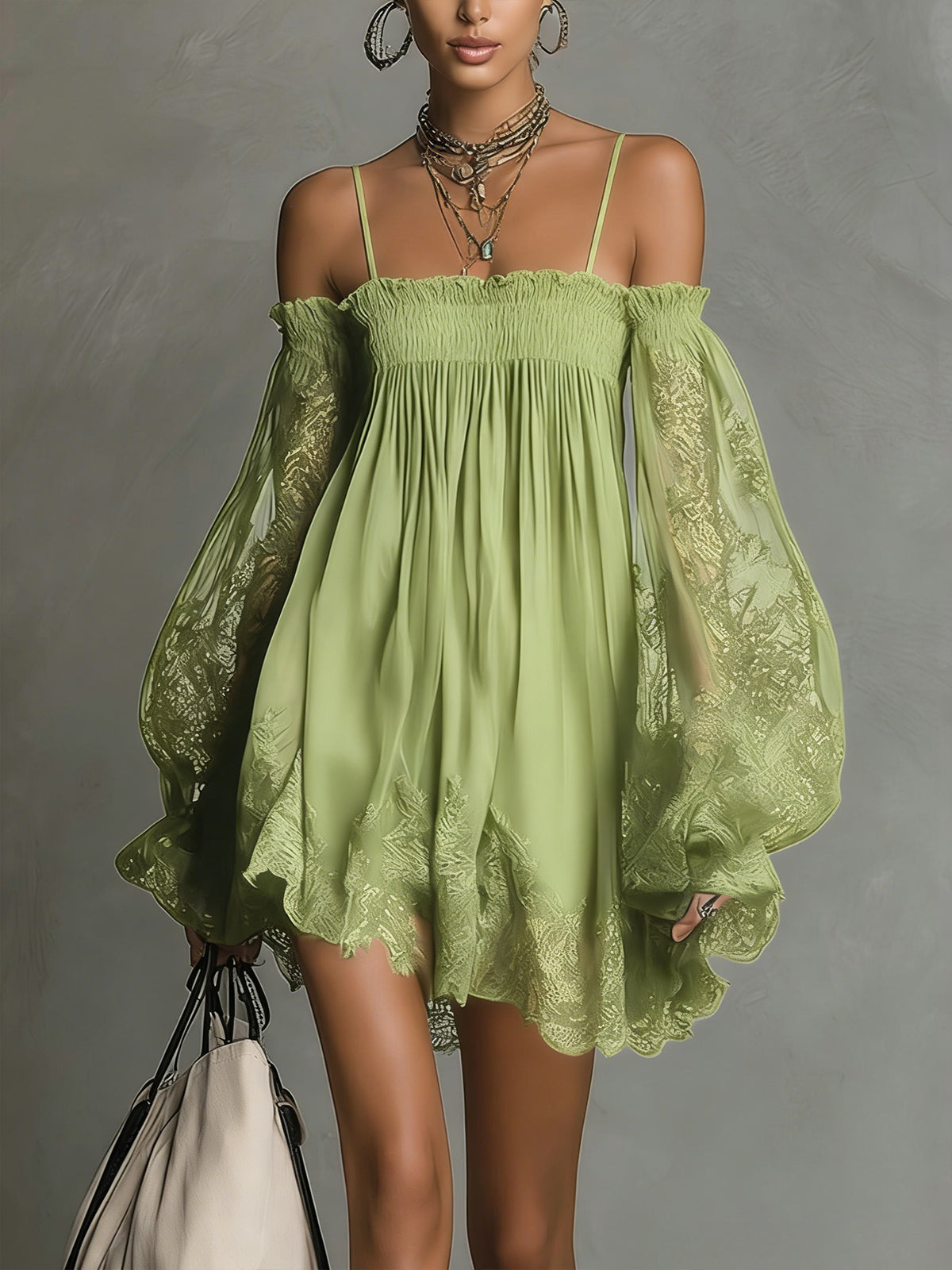 Noemi | Off-Shoulder Chiffon Dress with Lace Trim