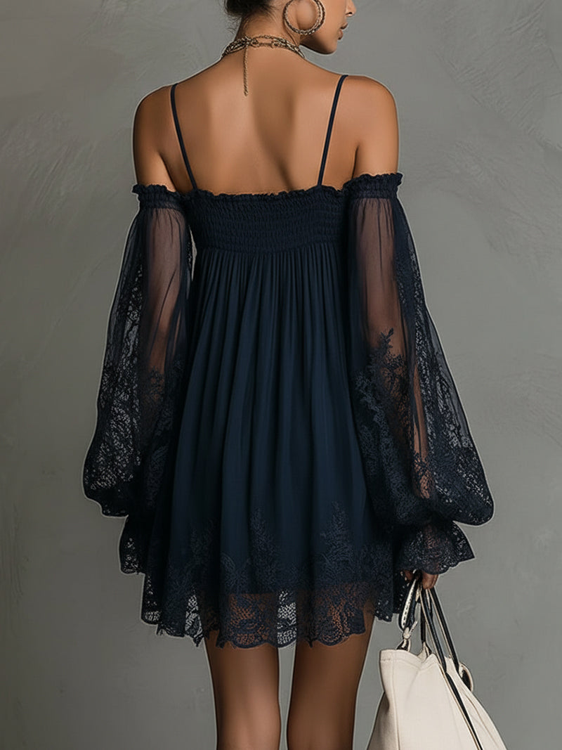 Noemi | Off-Shoulder Chiffon Dress with Lace Trim