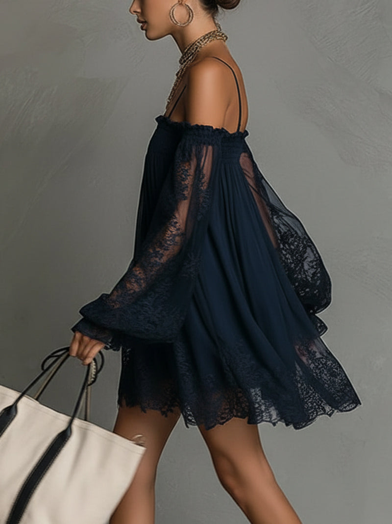 Noemi | Off-Shoulder Chiffon Dress with Lace Trim