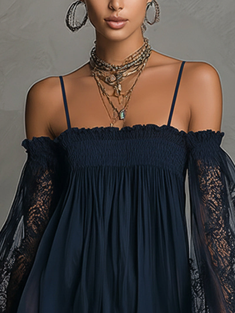 Noemi | Off-Shoulder Chiffon Dress with Lace Trim