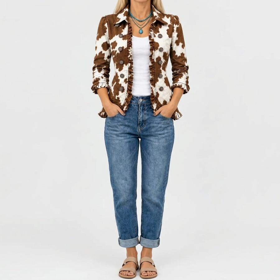 Marigold | Cow Print Ruffle Jacket