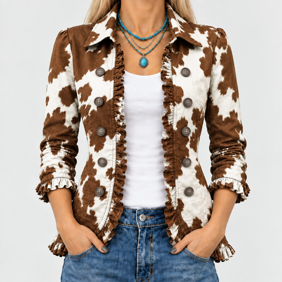 Marigold | Cow Print Ruffle Jacket