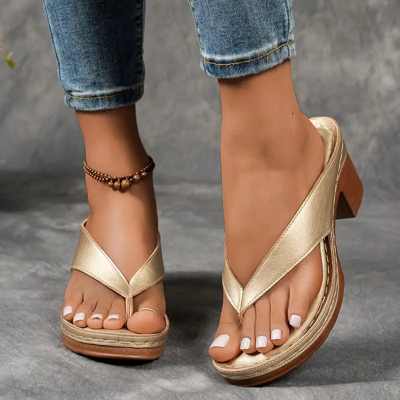 Agathe | Gold Block Heel Thong Sandals