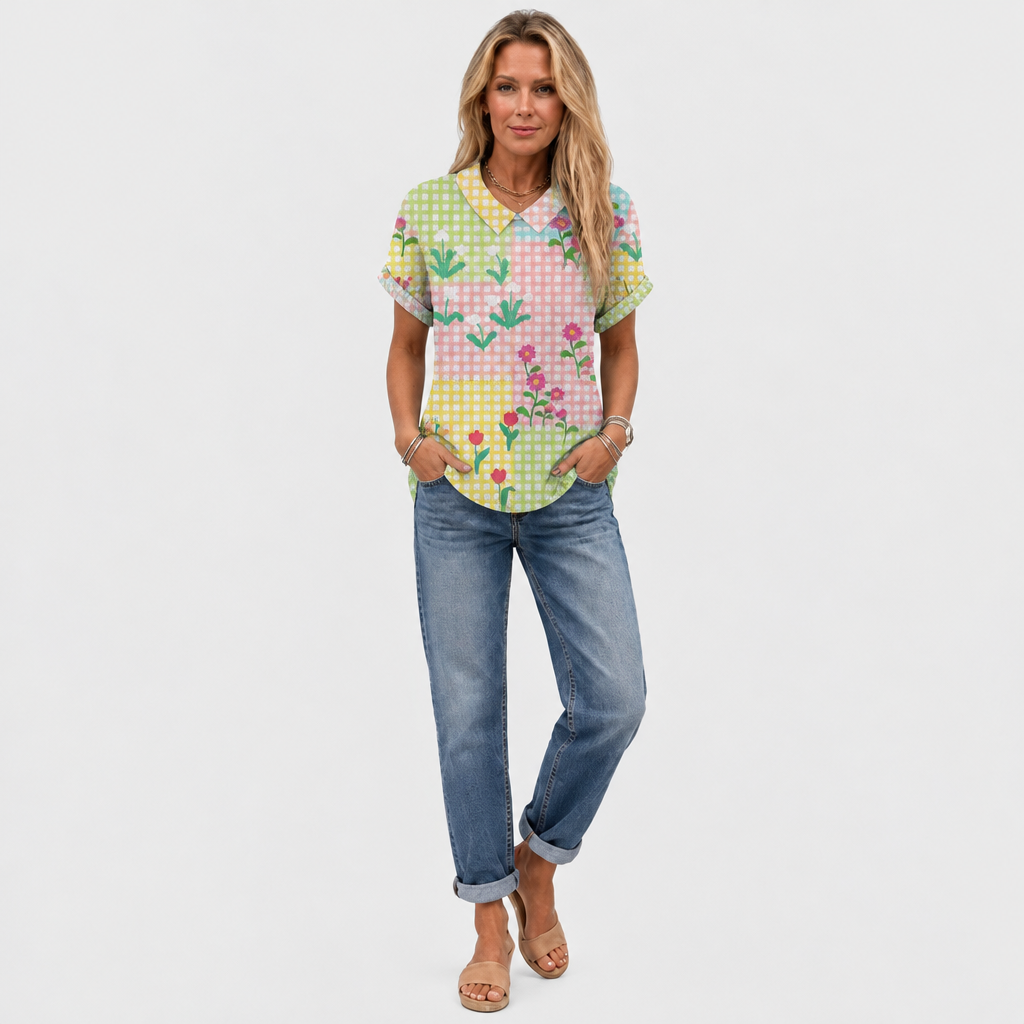 Flora | Gingham Floral Collared Top