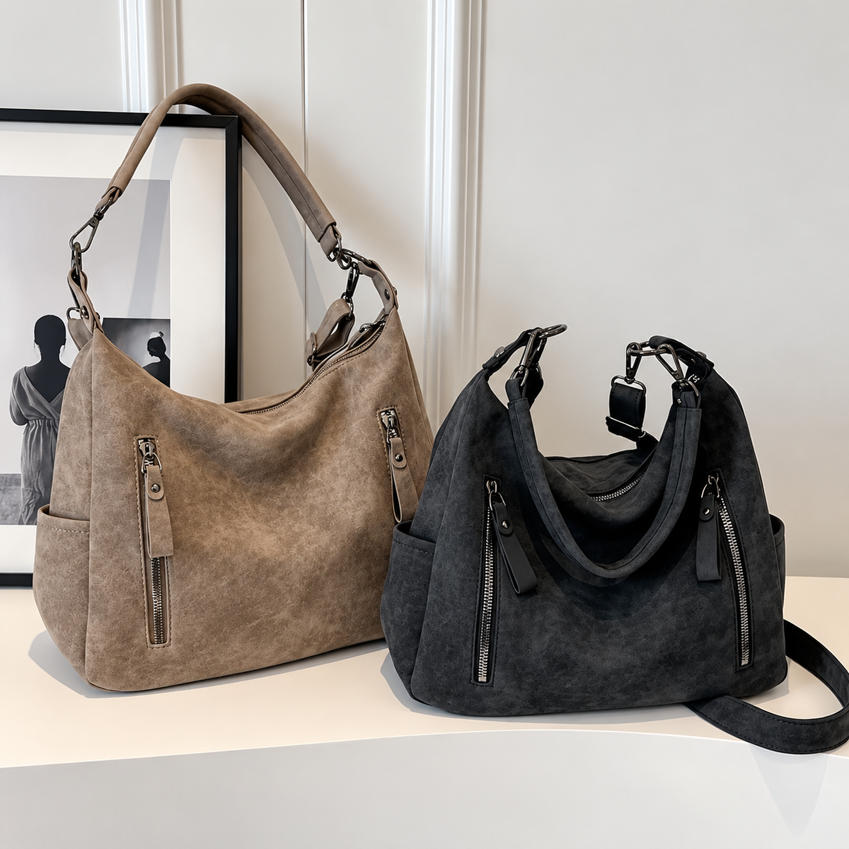Beryl | Suede-Look Zip Hobo Bag