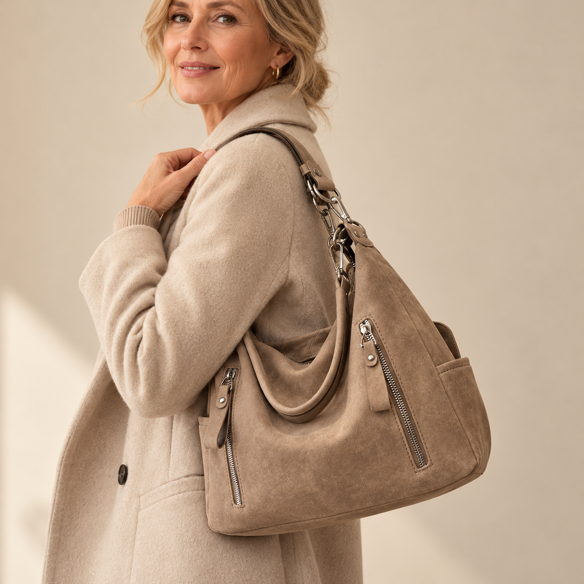 Beryl | Suede-Look Zip Hobo Bag