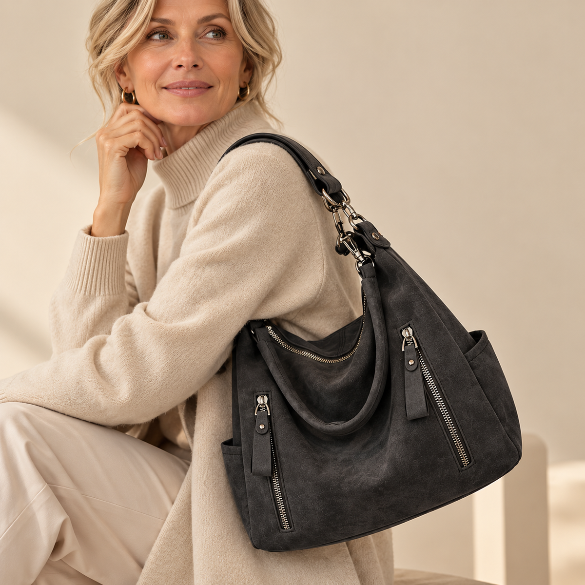 Beryl | Suede-Look Zip Hobo Bag