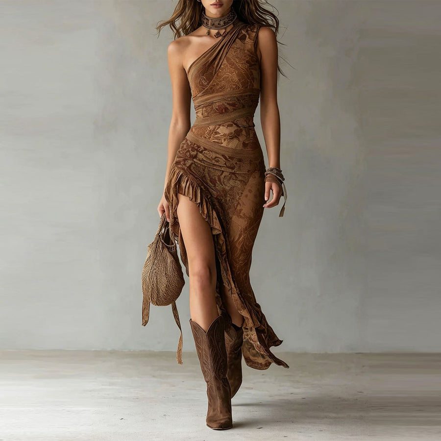 Elodie | Asymmetric Print Maxi Dress with Ruffle Split
