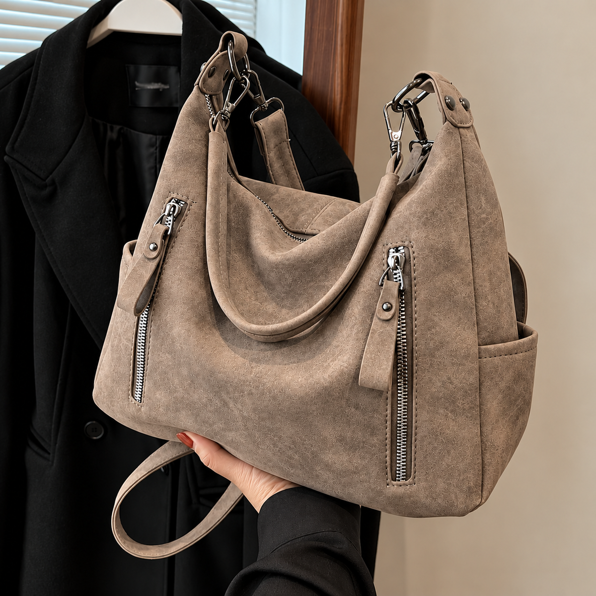 Beryl | Suede-Look Zip Hobo Bag