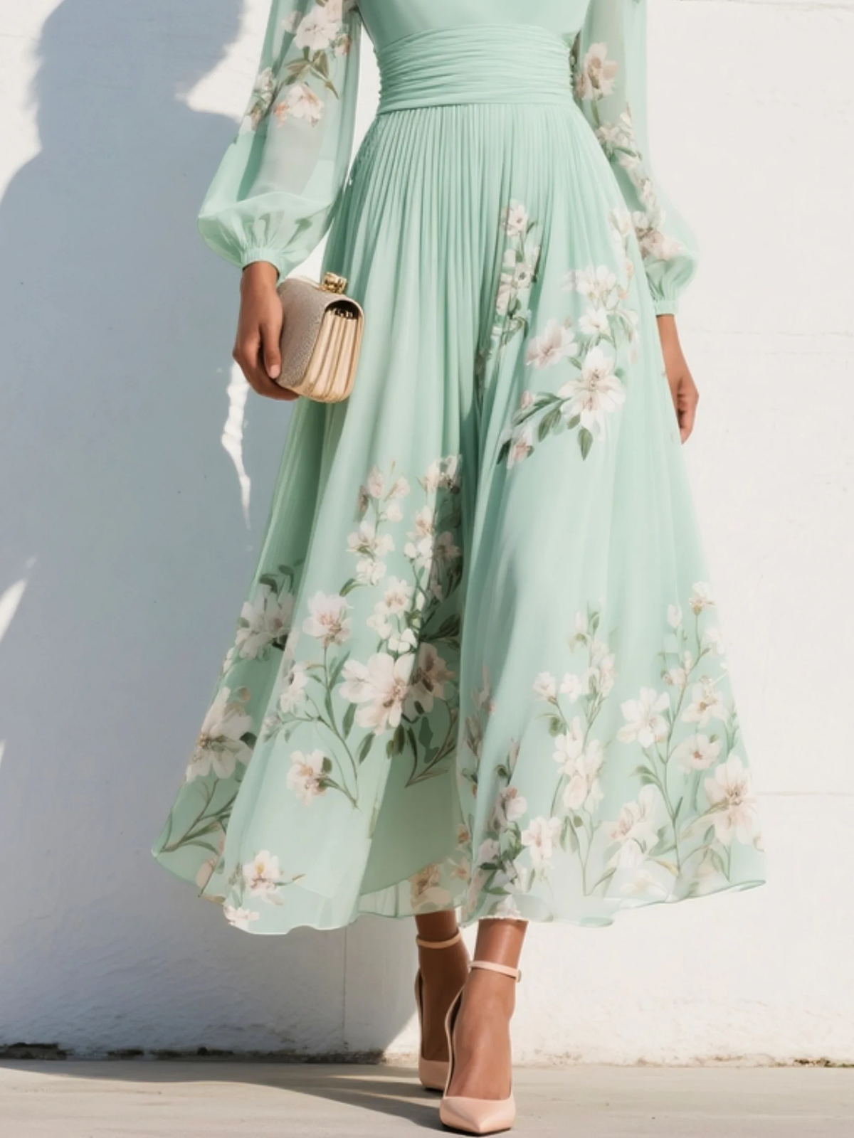 Susanne | Mint Floral Pleated Chiffon Maxi Dress