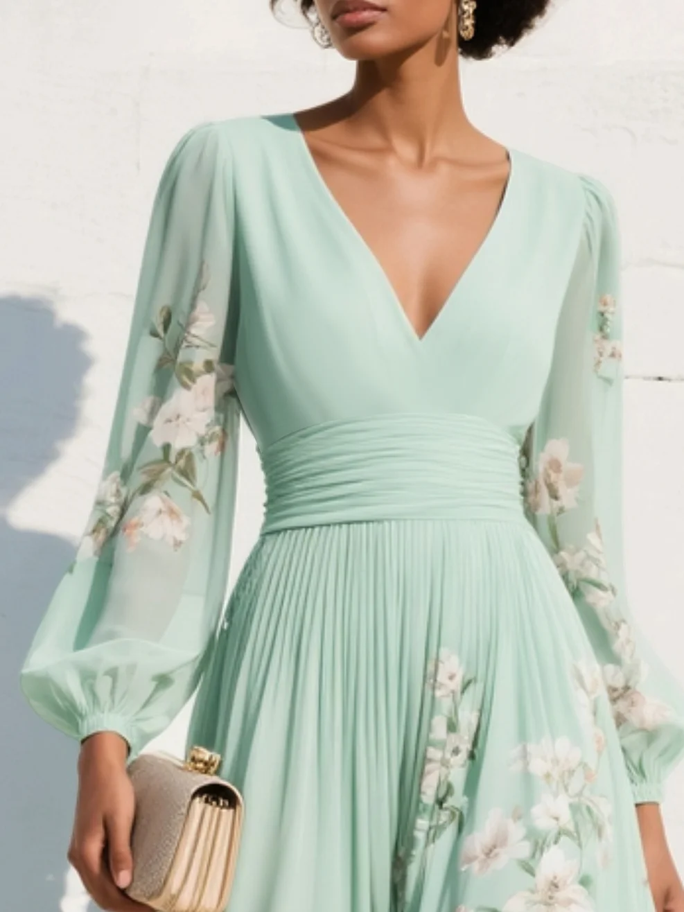 Susanne | Mint Floral Pleated Chiffon Maxi Dress