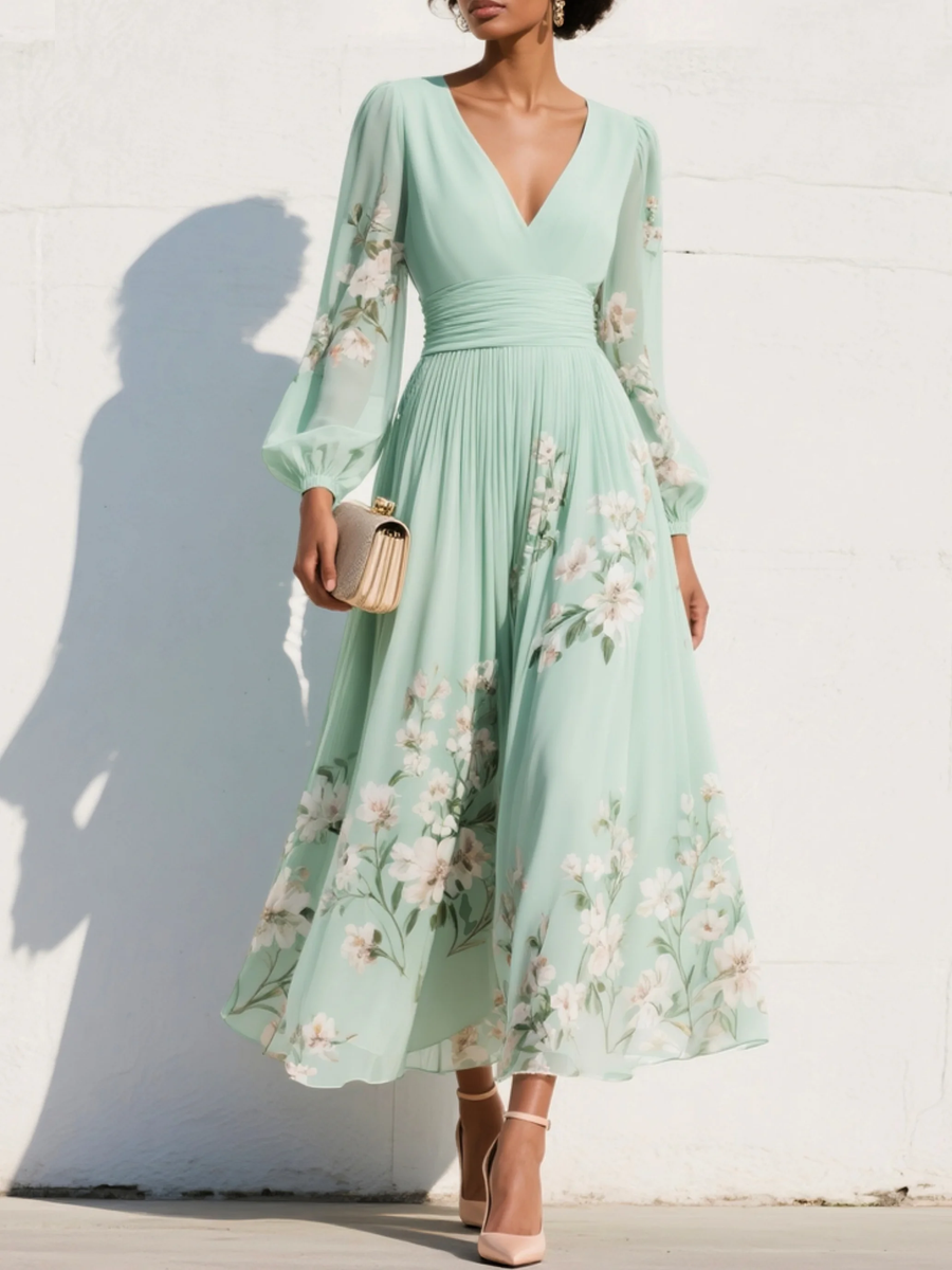 Susanne | Mint Floral Pleated Chiffon Maxi Dress