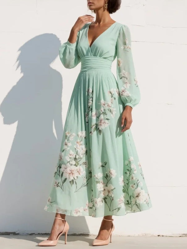 Susanne | Mint Floral Pleated Chiffon Maxi Dress