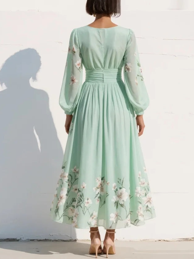 Susanne | Mint Floral Pleated Chiffon Maxi Dress