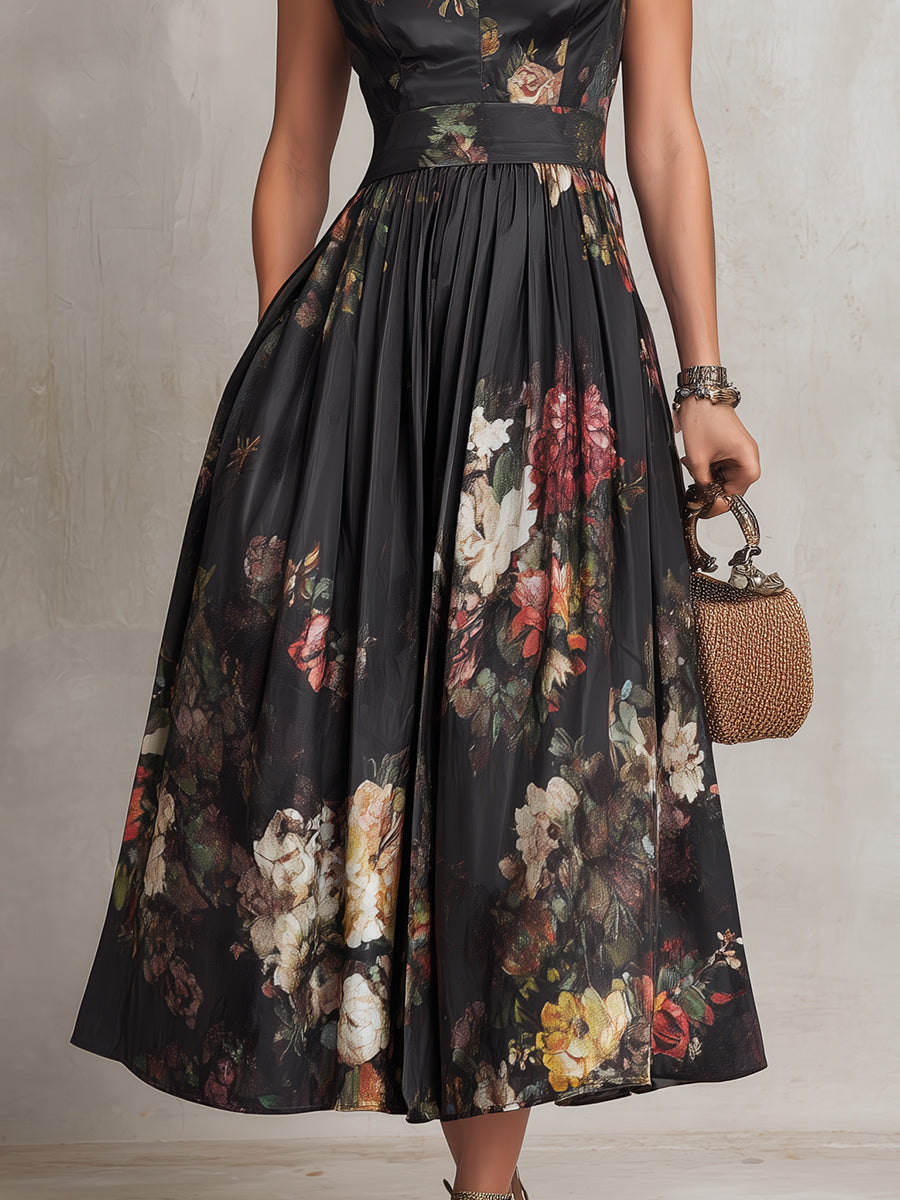 Vivienne | Floral Pleated Satin Midi Dress