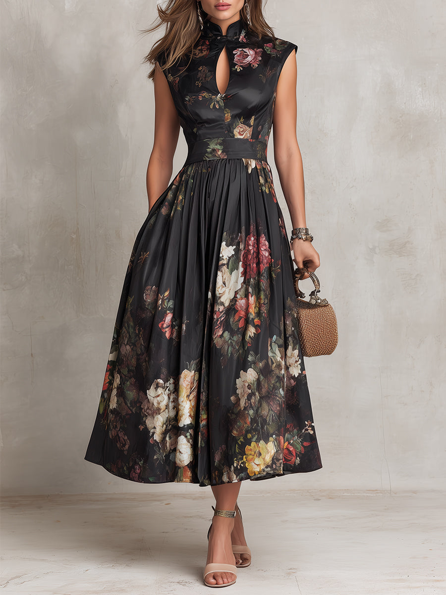 Vivienne | Floral Pleated Satin Midi Dress