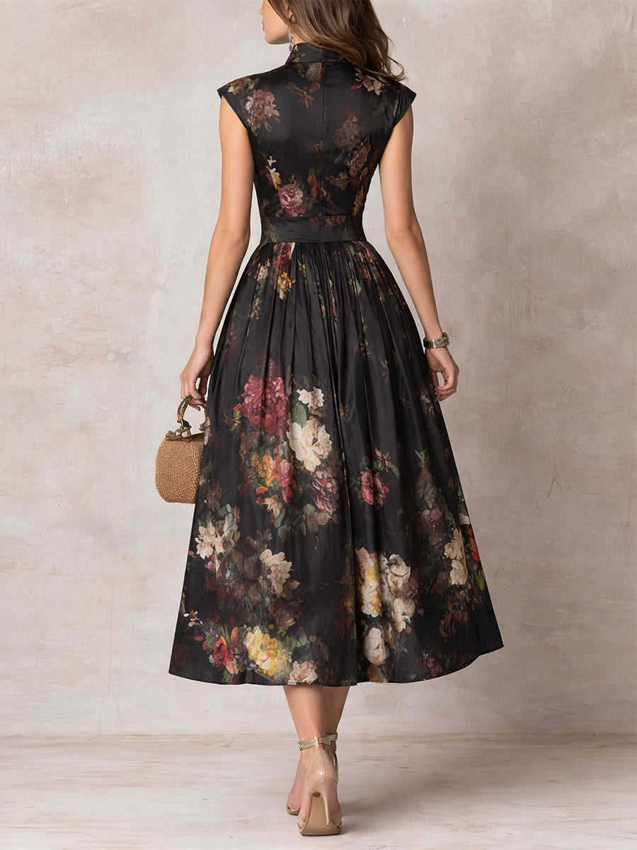 Vivienne | Floral Pleated Satin Midi Dress