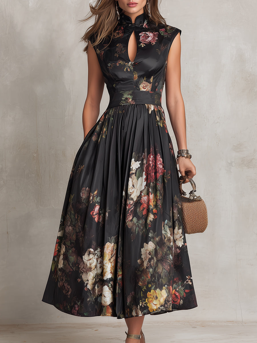 Vivienne | Floral Pleated Satin Midi Dress