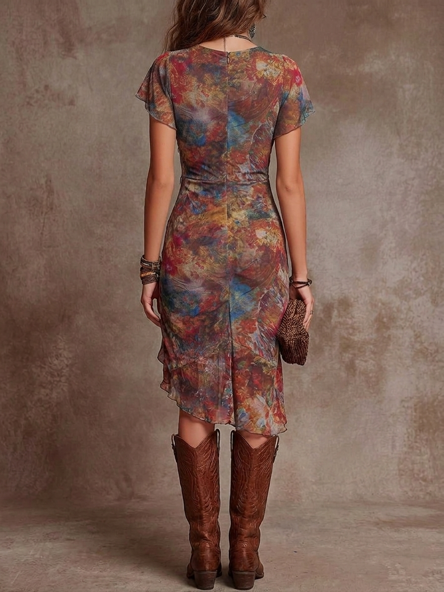 Martina | Pleated V-Neck Boho Print Midi Dress