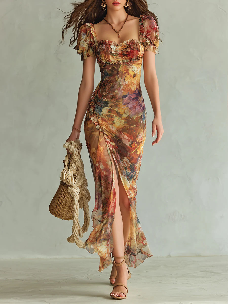 Valentina | Painterly Print Chiffon Maxi Dress