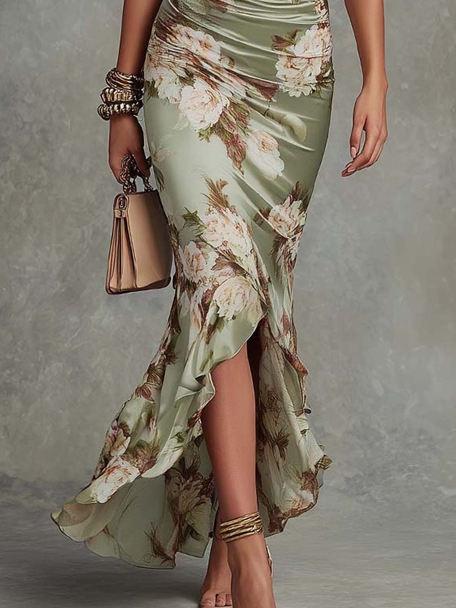 Anne | Satin Floral Maxi Dress with Puff Sleeves