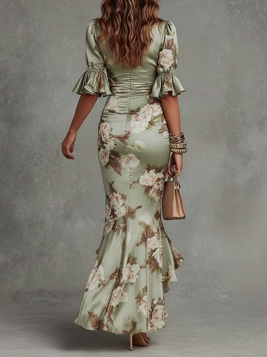 Anne | Satin Floral Maxi Dress with Puff Sleeves