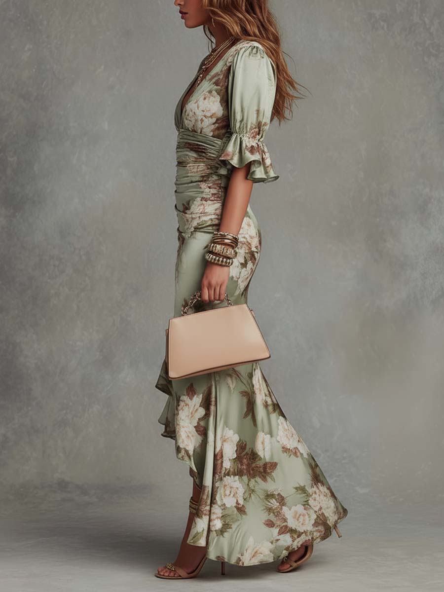 Anne | Satin Floral Maxi Dress with Puff Sleeves
