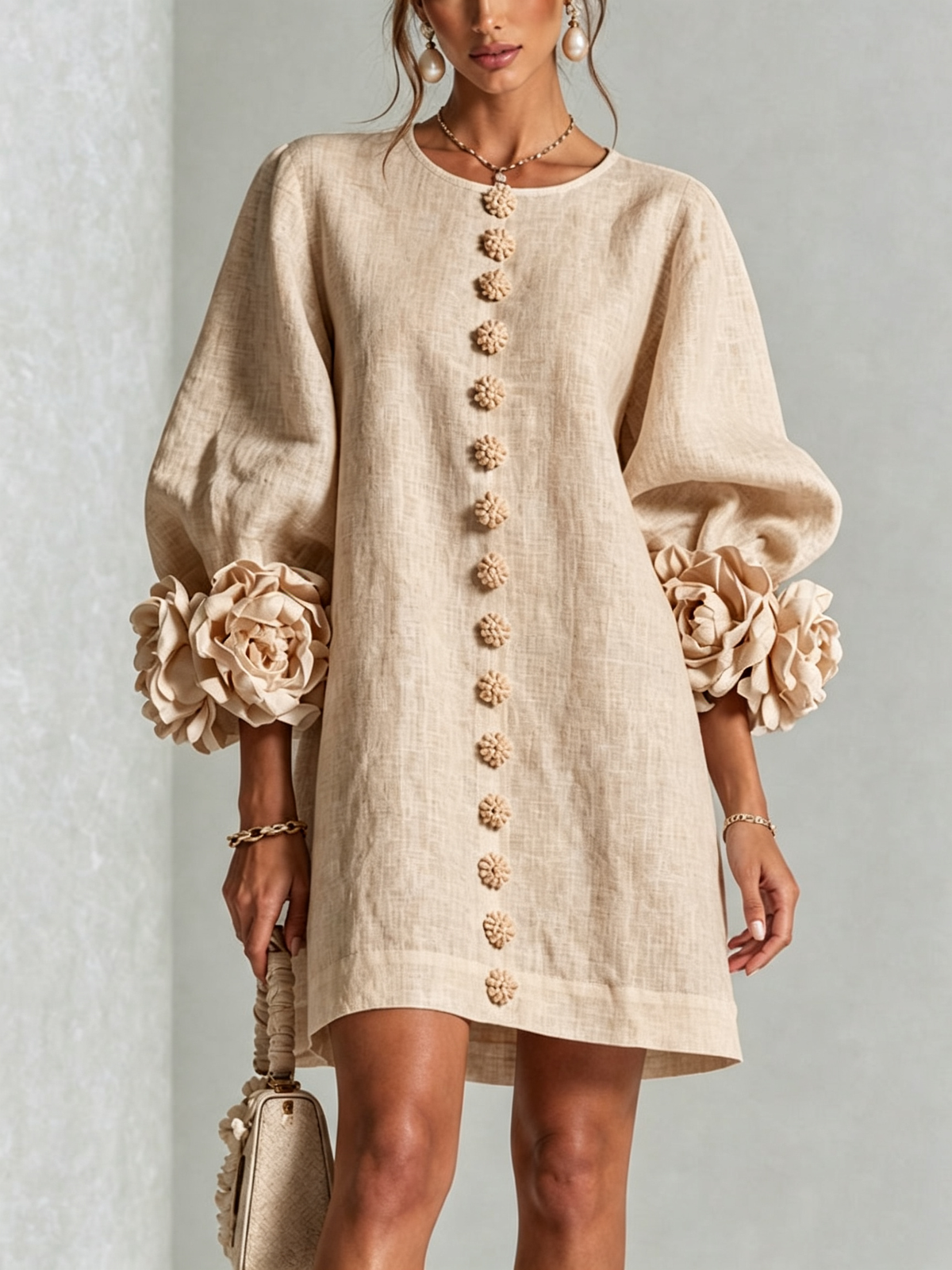 Evangeline | Floral-Cuff Button Mini Dress