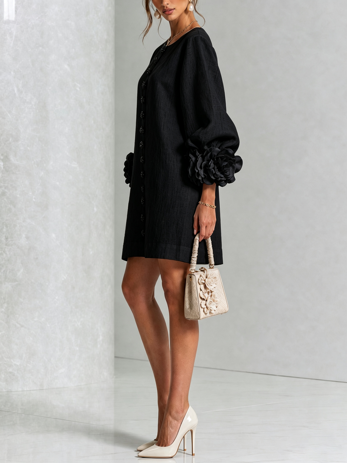 Evangeline | Floral-Cuff Button Mini Dress