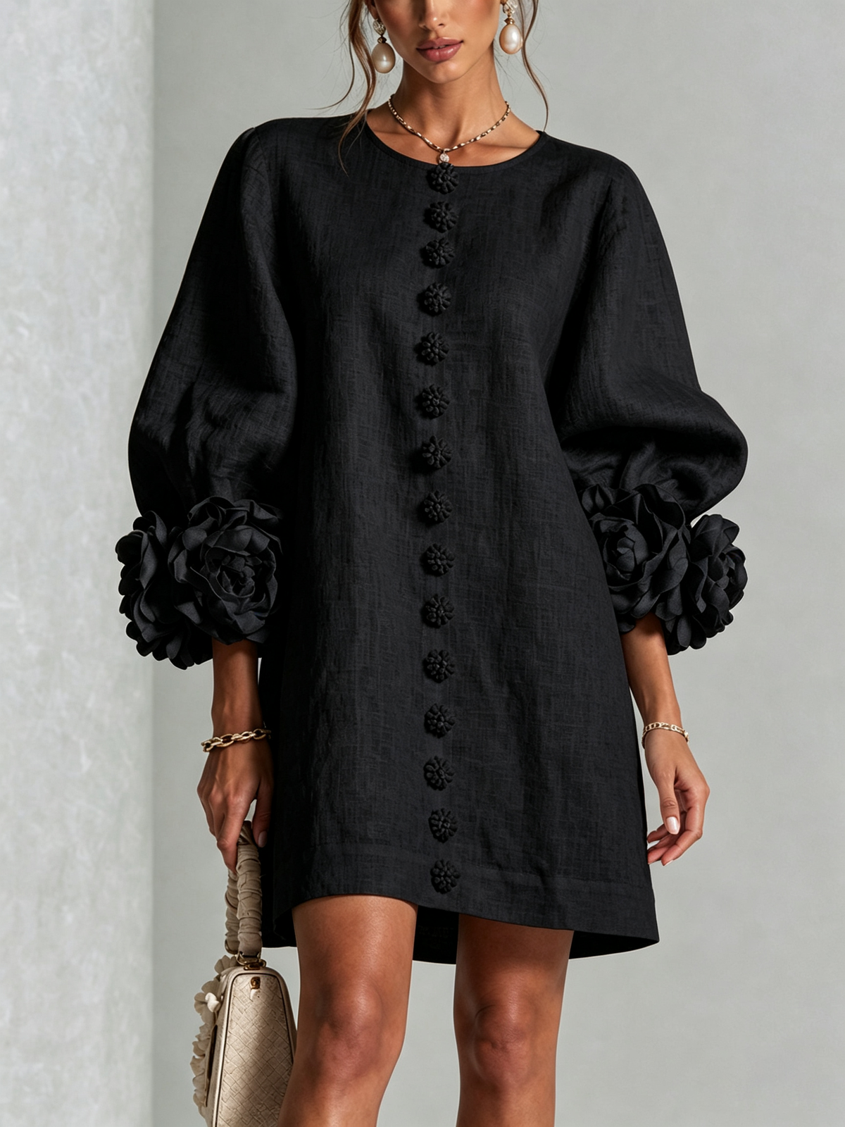 Evangeline | Floral-Cuff Button Mini Dress