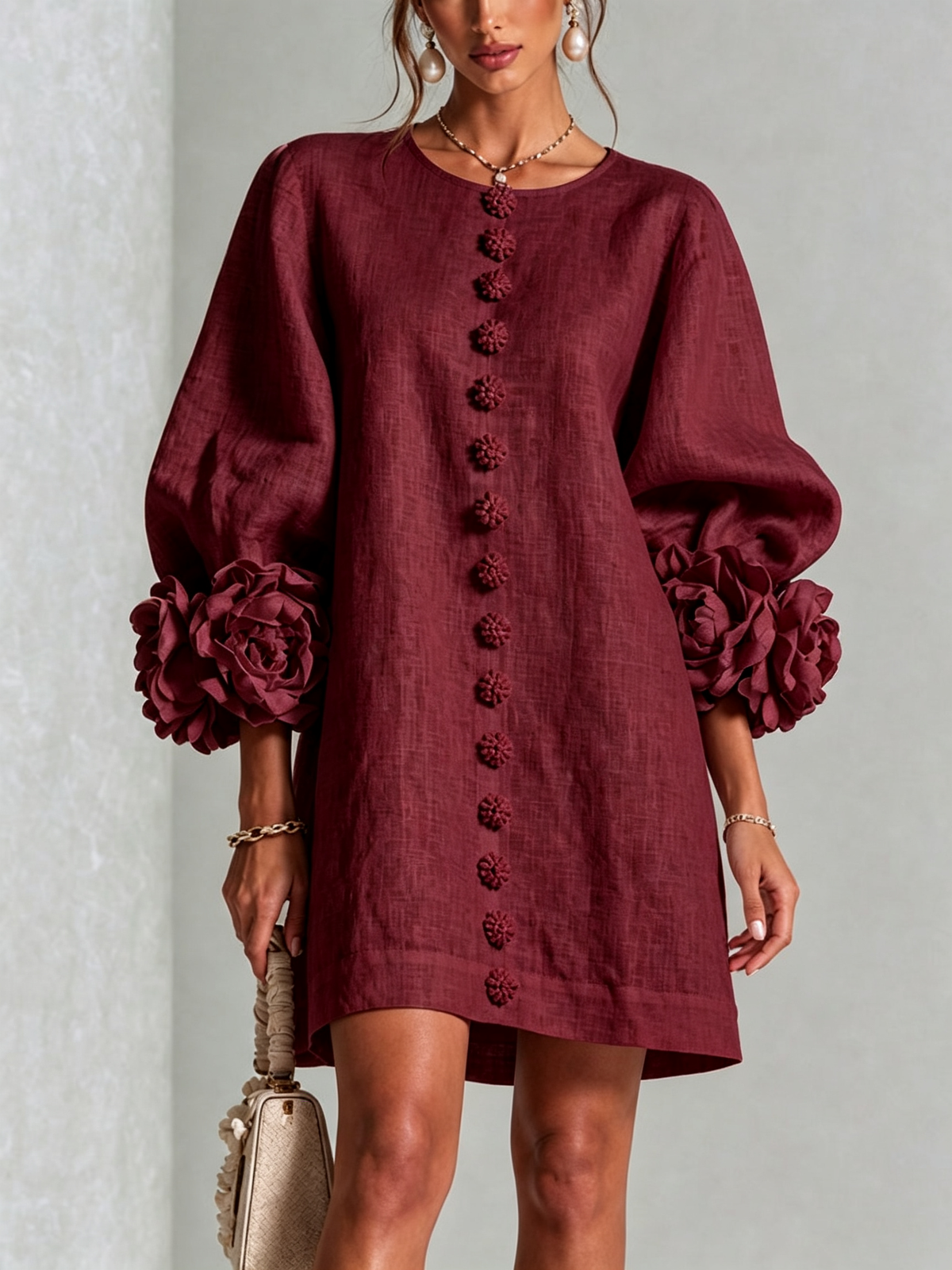 Evangeline | Floral-Cuff Button Mini Dress