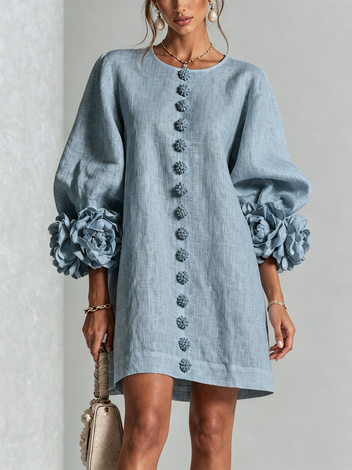 Evangeline | Floral-Cuff Button Mini Dress