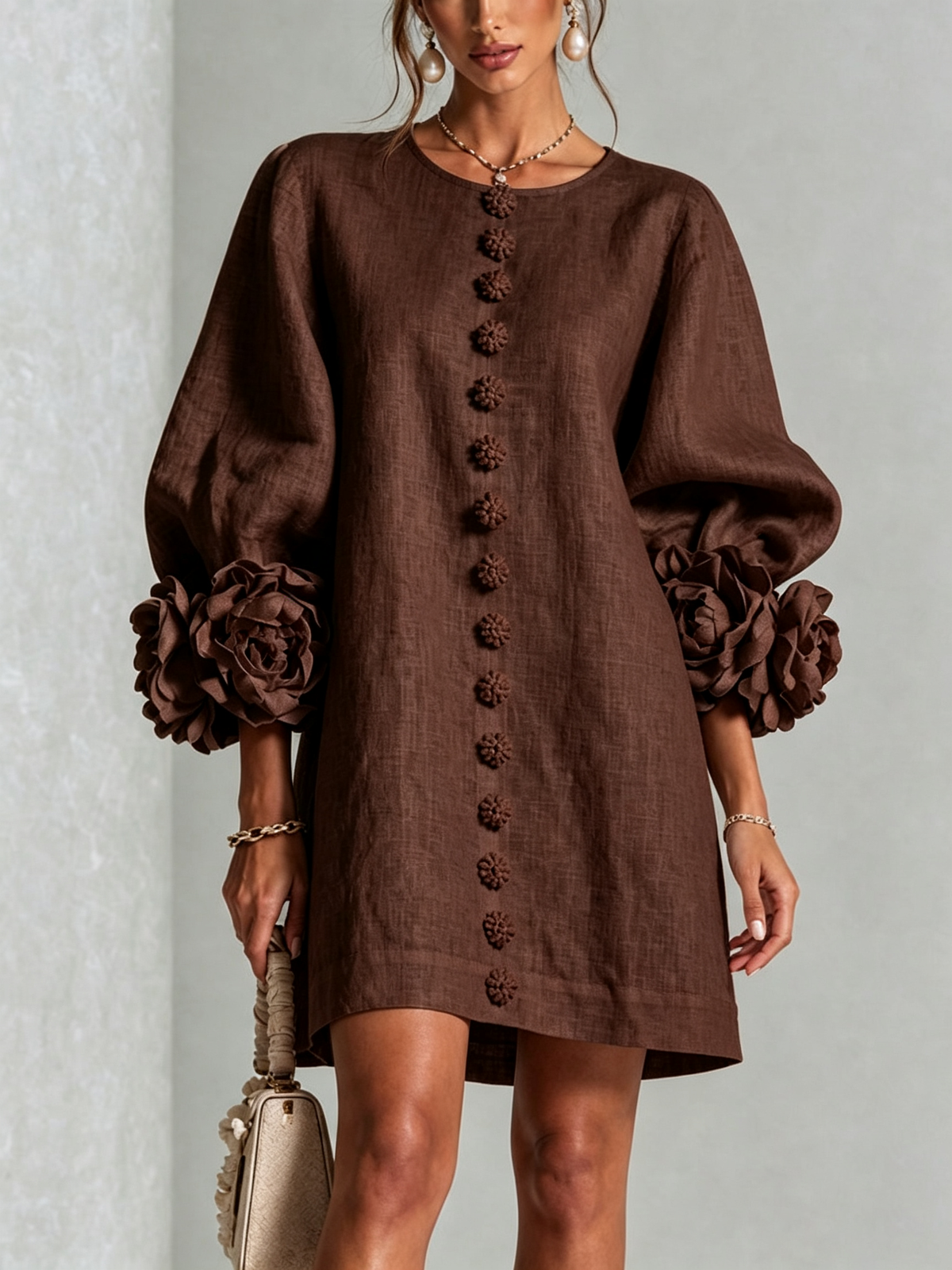 Evangeline | Floral-Cuff Button Mini Dress