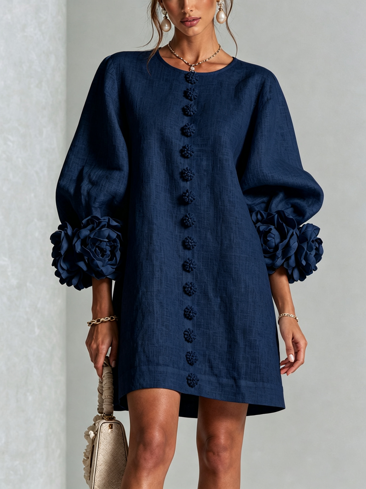 Evangeline | Floral-Cuff Button Mini Dress