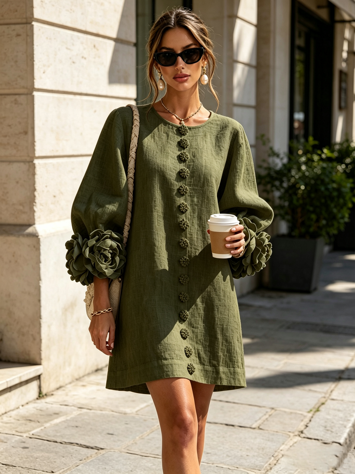 Evangeline | Floral-Cuff Button Mini Dress