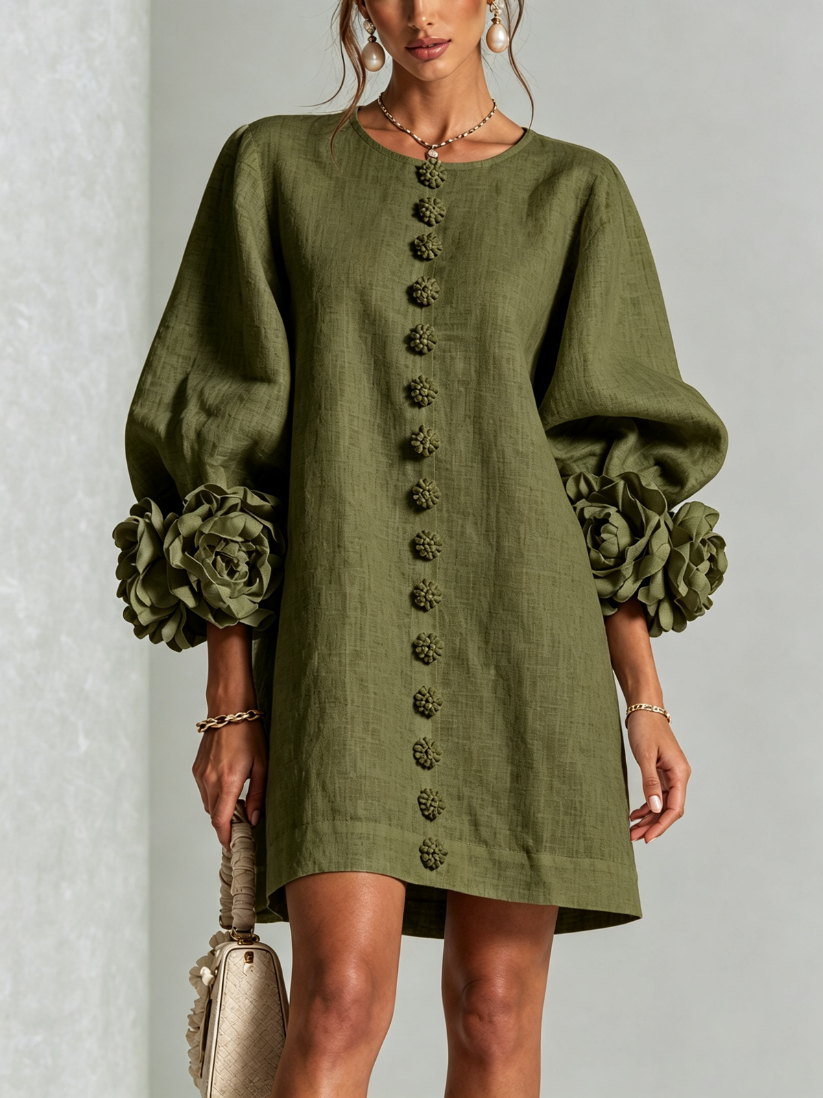 Evangeline | Floral-Cuff Button Mini Dress