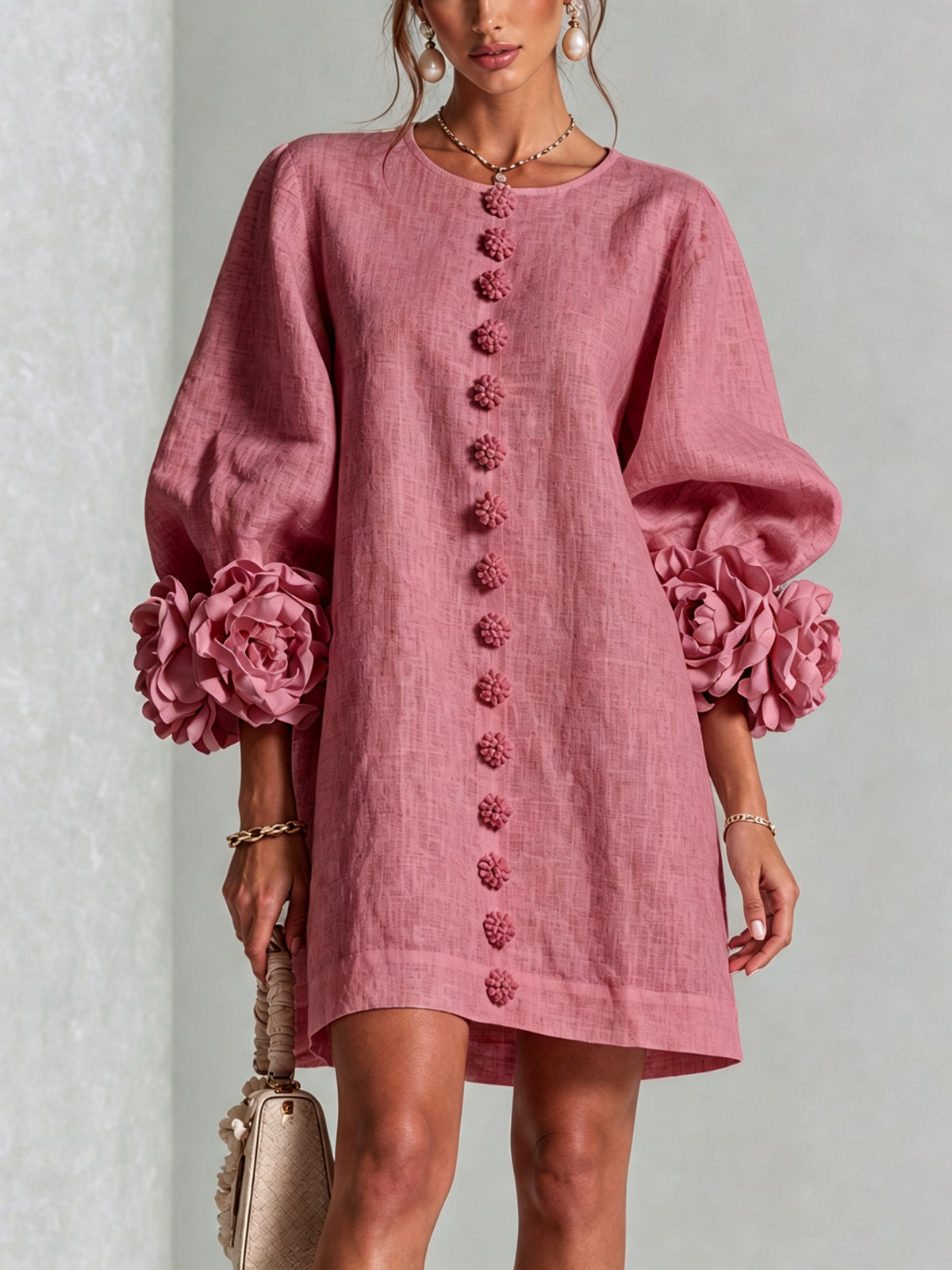 Evangeline | Floral-Cuff Button Mini Dress