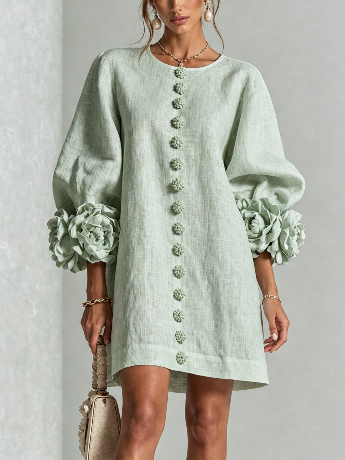 Evangeline | Floral-Cuff Button Mini Dress