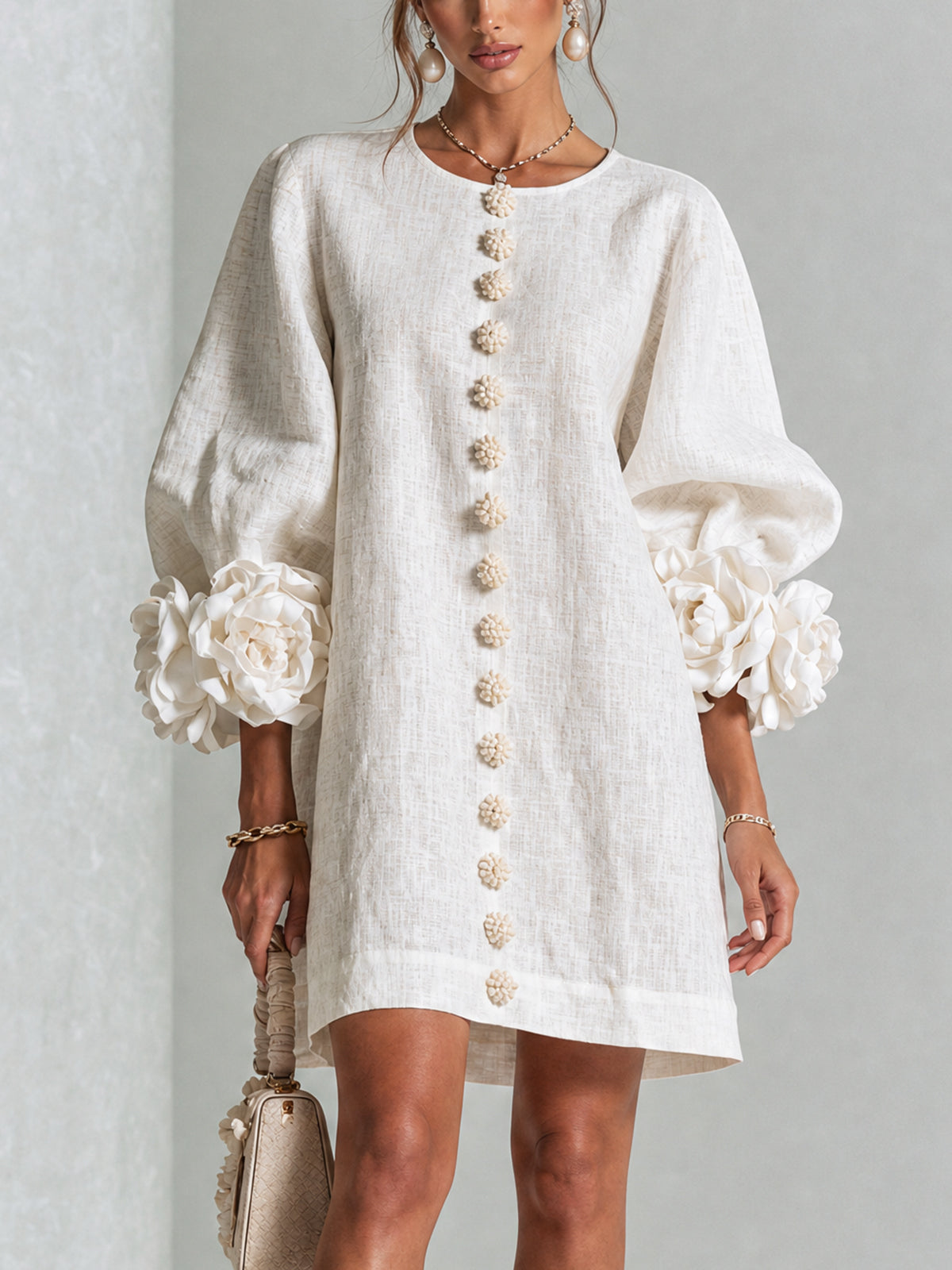 Evangeline | Floral-Cuff Button Mini Dress