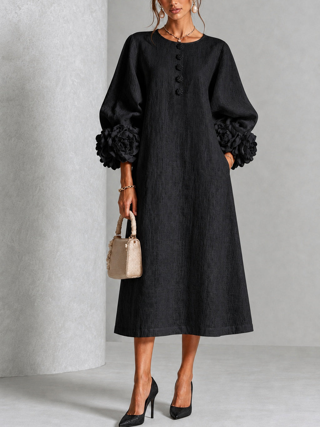 Celestine | Floral-Cuff Midi Dress