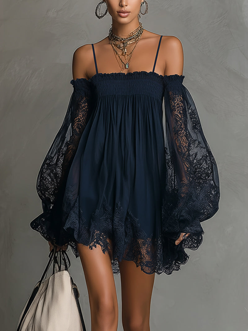 Noemi | Off-Shoulder Chiffon Dress with Lace Trim