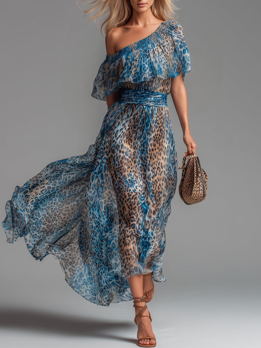 Savannah | Leopard Print Off-Shoulder Chiffon Maxi Dress