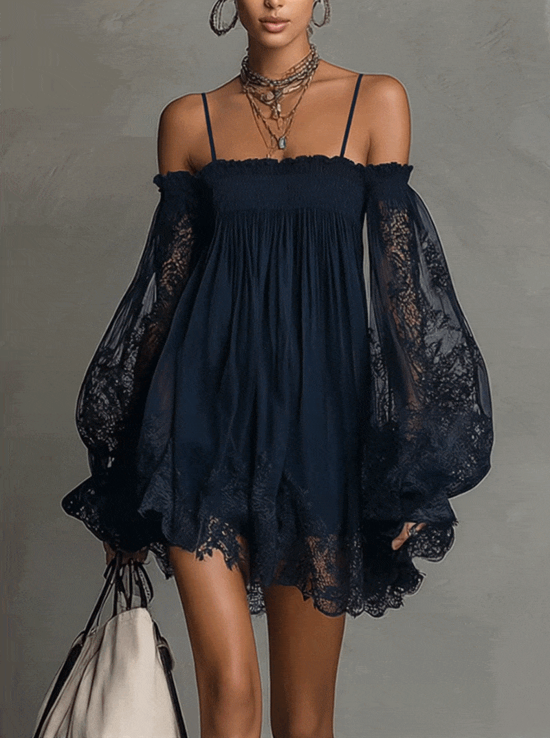 Noemi | Off-Shoulder Chiffon Dress with Lace Trim