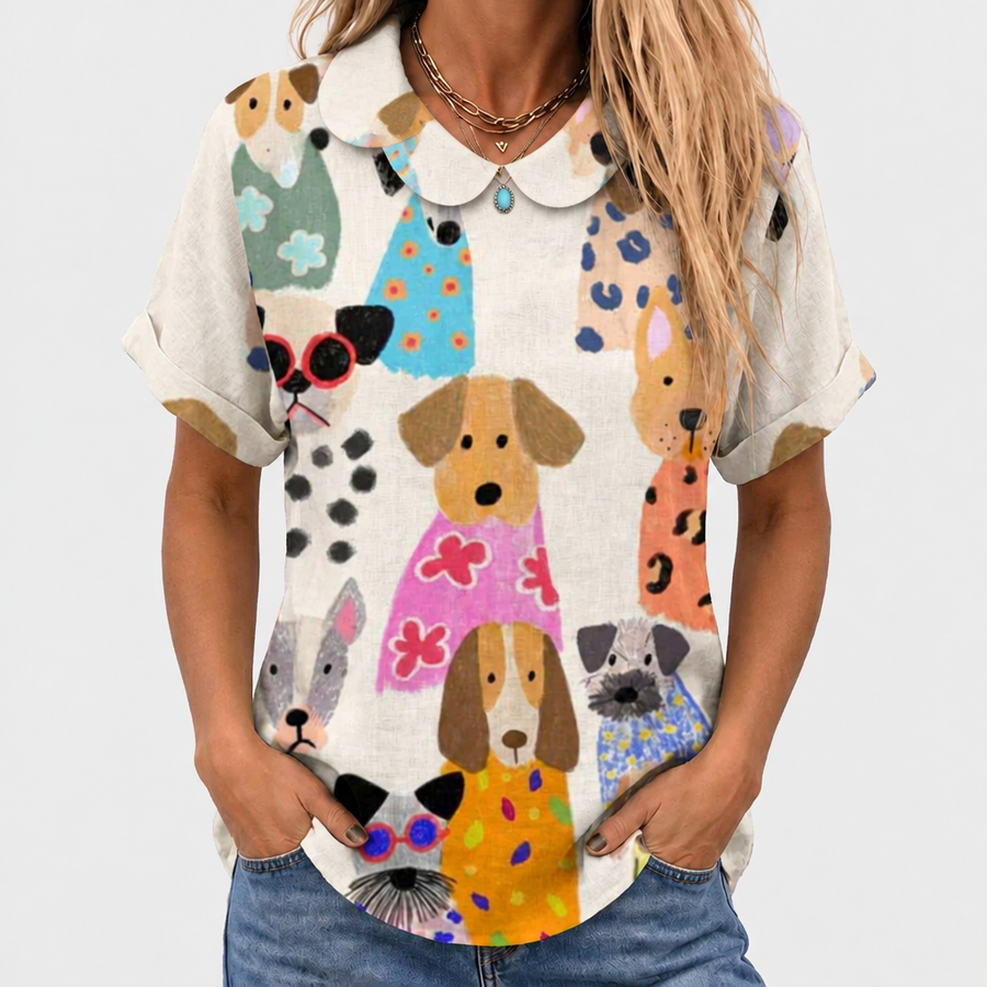 Pippa Dog Print Collared Top