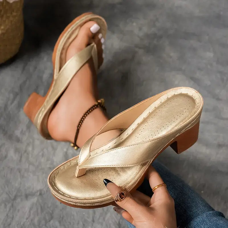 Agathe | Gold Block Heel Thong Sandals
