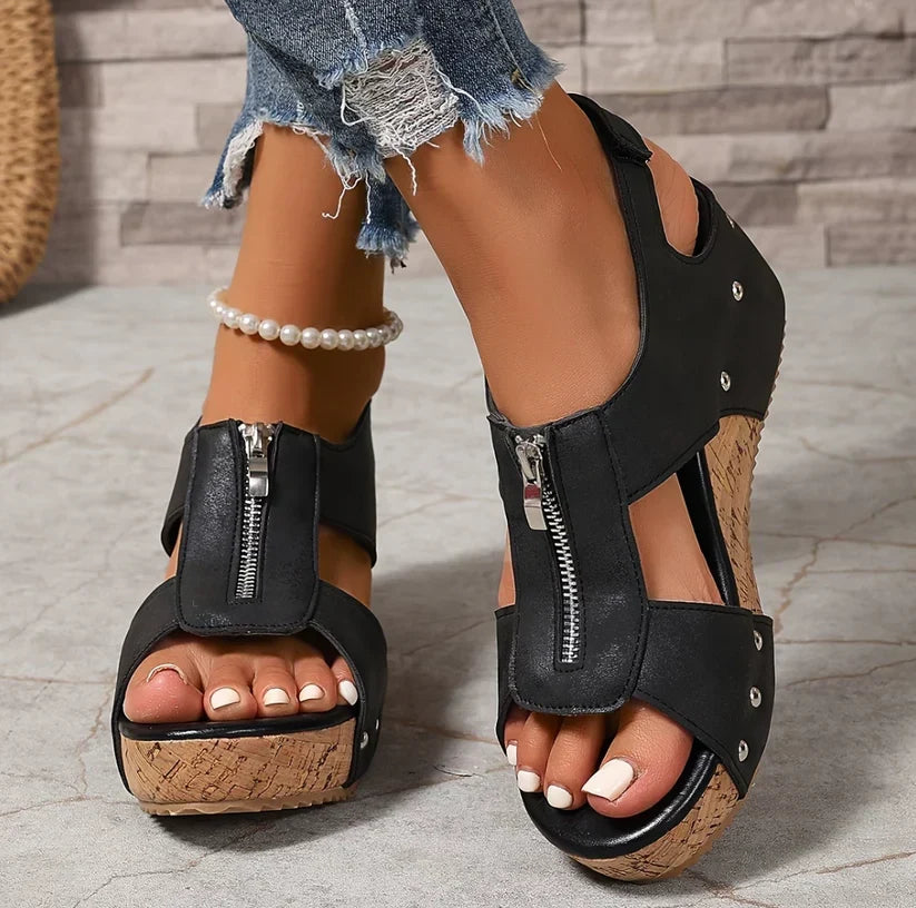 Cosima | Zip-Front Wedge Sandals