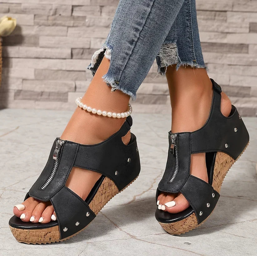 Cosima | Zip-Front Wedge Sandals