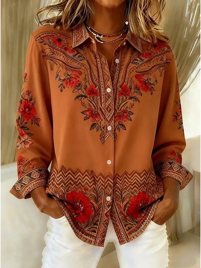 Viola | Terracotta Floral Long-Sleeve Blouse